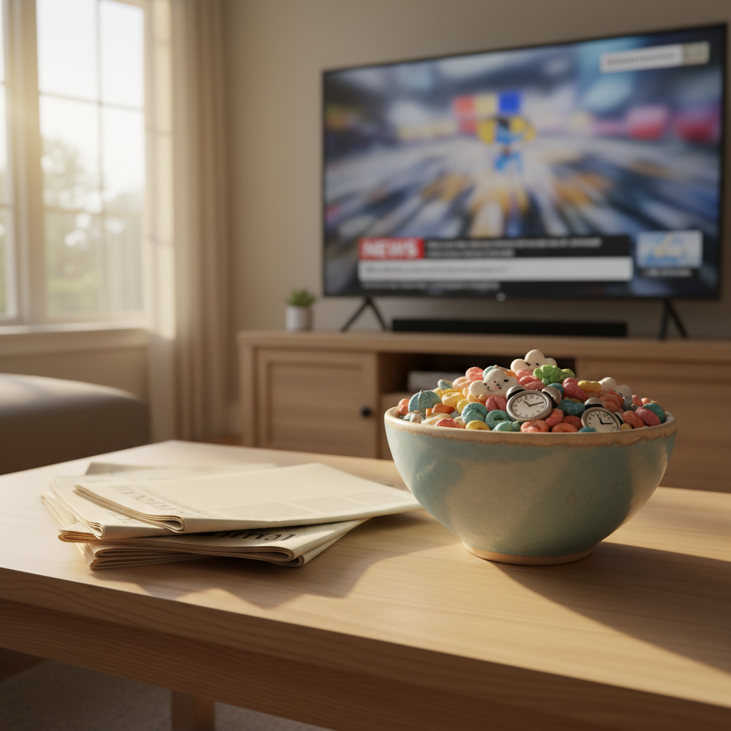 A cozy, modern living room coffee table made of light maple wood, with a neat stack of blank, textless newspapers and magazines fanned out beside an oversized ceramic cereal bowl. The bowl overflows with outlandishly shaped cereal pieces—mini umbrellas, tiny clocks, and little cartoon thunderclouds—each rendered with glossy, photographic realism. In the background, a large flat-screen TV shows a blurred, colorful news broadcast with all text and people indistinguishable. Warm afternoon light from a side window casts soft shadows and a golden glow. Shot from a slightly elevated angle, using the rule of thirds to place the bowl prominently. The atmosphere is playful and family-friendly, suggesting silly news over breakfast time.