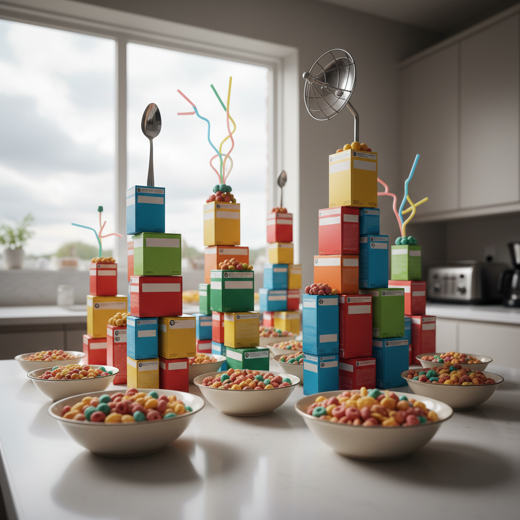 A whimsical cityscape made entirely from breakfast cereal boxes and bowls, arranged on a white kitchen counter like a miniature skyline. Towers of generic, brightly colored boxes with blank labels form buildings, while shallow porcelain bowls filled with multi-colored cereal serve as round plazas. Tiny toy-like satellite dishes and antenna shapes, made from bent silver spoons and plastic straws, top some of the box-buildings. Soft, diffused daylight from an overcast sky filters through a nearby window, giving a gentle, even illumination with minimal shadows. Shot from a low, street-level perspective to make the cereal city feel grand and immersive. The mood is imaginative and humorous, suggesting a world where all the daily “news” comes from the breakfast table.