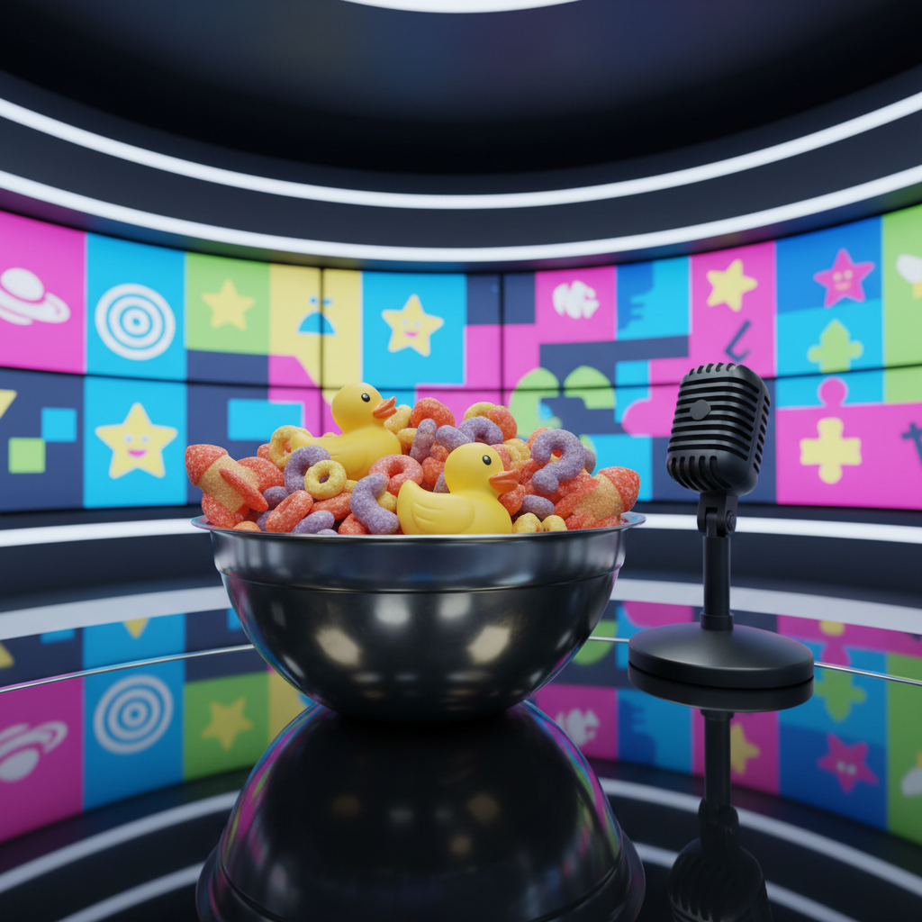 A sleek newsroom-style desk made of dark glass, set in front of a wall of glowing, colorful screens filled with abstract shapes and icons instead of actual footage. On the desk sits a shiny stainless steel mixing bowl brimming with absurd cereal pieces shaped like tiny rockets, rubber ducks, and question marks, photographed in crisp detail. A classic black microphone stands nearby, but its surface is smooth and logo-free. Cool studio lighting creates a bright, evenly lit scene with gentle reflections on the glass and metal surfaces. Captured from a low, slightly dramatic angle that emphasizes the cereal bowl as the “anchor.” The mood is energetic yet lighthearted, like a playful parody of a serious news studio for kids.